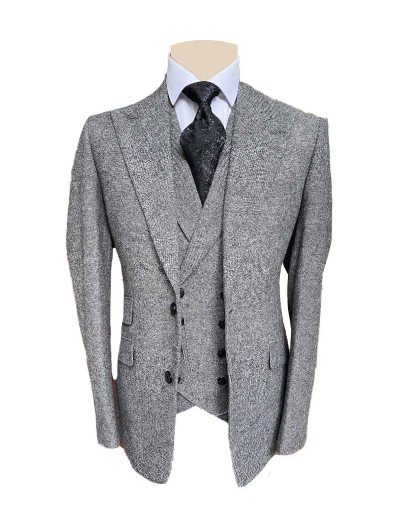 Snob Group Three Piece Suit Tweed Light Grey Charcoal